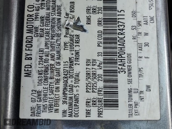 2012 Ford Fusion SE z VIN 3FAHP0HA0CR437115, wystawiony jako Copart lot #56583495 z przebiegiem 159 649 mil mil oraz Szkoda całkowita • Salvage title. Historia ofert i sprzedaży dostępna na DreamBid. Obrazek 12.