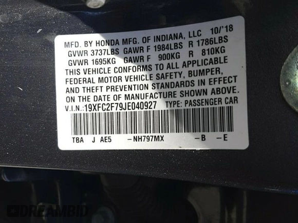 2018 Honda Civic EX с VIN 19XFC2F79JE040927, выставлен на аукционе Copart как лот 55696165 с пробегом 58 696 миль миль и Списание • Salvage title. История ставок и продаж доступна на DreamBid. Изображение 12.