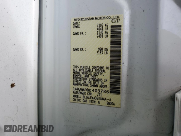 2017 Nissan Maxima SL with VIN 1N4AA6AP6HC403786, listed as a Copart auction lot 56538795 with 100,584 mi miles and Salvage title. Bid and sale history available at DreamBid. Image 12.