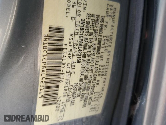 2010 Nissan Versa S z VIN 3N1BC1CP8AL423169, wystawiony jako Copart lot #52792625 z przebiegiem Nie podano mil oraz Czysty tytuł • Clean title. Historia ofert i sprzedaży dostępna na DreamBid. Obrazek 12.