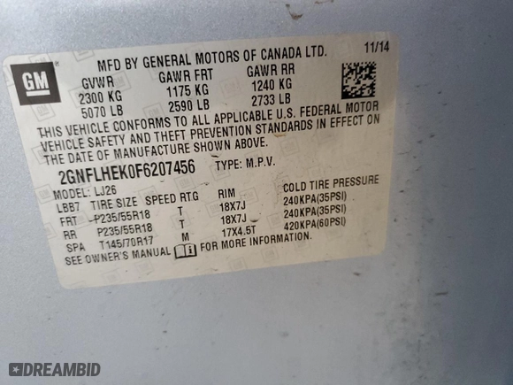 2015 Chevrolet Equinox LTZ with VIN 2GNFLHEK0F6207456, listed as a Copart auction lot 54360035 with 111,243 mi miles and Clean Title. Bid and sale history available at carsss.com. Image 13.