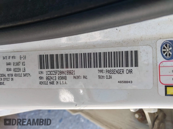 2010 Chrysler Sebring Limited with VIN 1C3CC5FD9AN199621, listed as a IAAI auction lot 42616882 with 110,512 mi miles and . Bid and sale history available at DreamBid. Image 9.