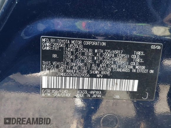 2006 Toyota RAV4 with VIN JTMBD33V365029056, listed as a IAAI auction lot 41987274 with 193,105 mi miles. Bid and sale history available at carsss.com. Image 9.