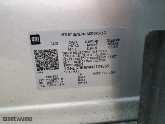 2022 Chevrolet Traverse RS with VIN 1GNERJKW4NJ124865, listed as a Copart auction lot 89060145 with 51,651 mi miles and Salvage Title. Bid and sale history available at carsss.com. Image 13.