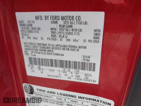 2014 Ford F-150 XL z VIN 1FTFW1CFXEFC08034, wystawiony jako IAAI lot #42085288 z przebiegiem Nie podano mil oraz . Historia ofert i sprzedaży dostępna na DreamBid. Obrazek 9.