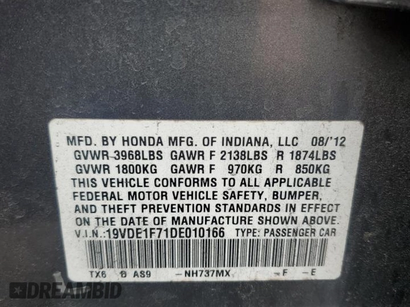 2013 Acura ILX Tech Pkg with VIN 19VDE1F71DE010166, listed as a Copart auction lot 62757004 with 120,755 mi miles and Salvage Title. Bid and sale history available at carsss.com. Image 12.