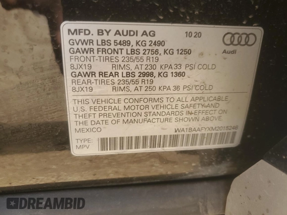 2021 Audi Q5 Premium Plus with VIN WA1BAAFYXM2015246, listed as a Copart auction lot 61257785 with 61,407 mi miles and Salvage title. Bid and sale history available at DreamBid. Image 14.