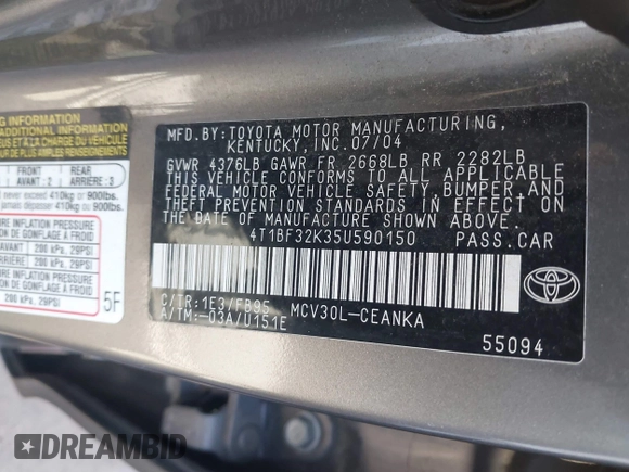2005 Toyota Camry LE with VIN 4T1BF32K35U590150, listed as a IAAI auction lot 41614295 with 180,627 mi miles and . Bid and sale history available at DreamBid. Image 9.