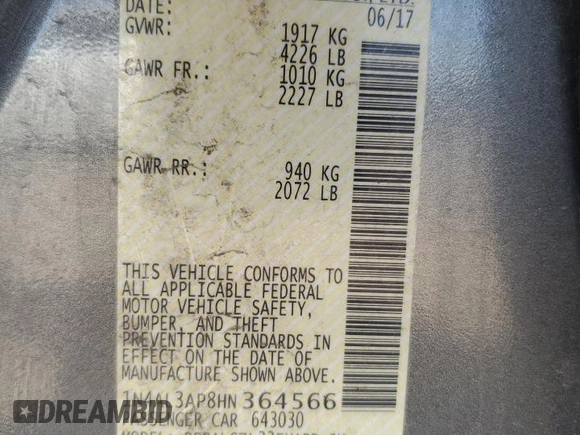 2017 Nissan Altima S with VIN 1N4AL3AP8HN364566, listed as a Copart auction lot 61575815 with 42,973 mi miles and Salvage title. Bid and sale history available at DreamBid. Image 12.