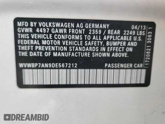 2013 Volkswagen CC Sport with VIN WVWBP7AN9DE567212, listed as a Copart auction lot 52998835 with 127,255 mi miles and Salvage Title. Bid and sale history available at carsss.com. Image 13.