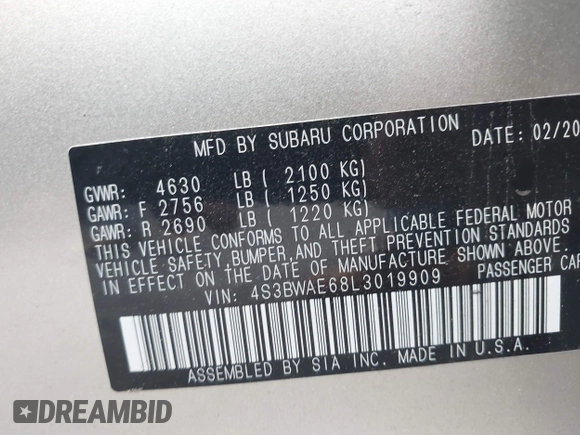 2020 Subaru Legacy Premium with VIN 4S3BWAE68L3019909, listed as a IAAI auction lot 42507242 with 38,714 mi miles and . Bid and sale history available at DreamBid. Image 9.
