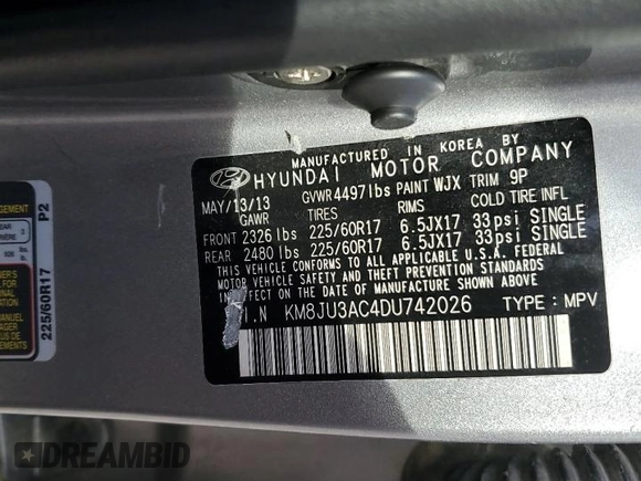 2013 Hyundai Tucson GLS with VIN KM8JU3AC4DU742026, listed as a Copart auction lot 54589255 with 251,661 mi miles and Clean Title. Bid and sale history available at carsss.com. Image 12.