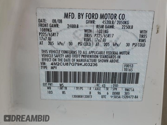 2009 Mercury Mariner Premier with VIN 4M2CU87G79KJ03236, listed as a Copart auction lot 84059324 with 130,335 mi miles and Salvage title. Bid and sale history available at DreamBid. Image 13.