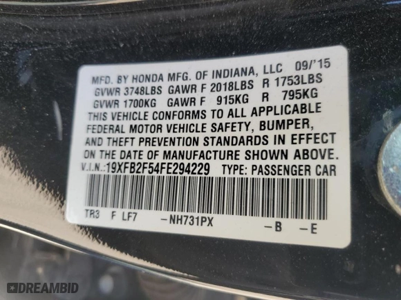 2015 Honda Civic Sedan LX with VIN 19XFB2F54FE294229, listed as a Copart auction lot 49464555 with 77,191 mi miles and Salvage Title. Bid and sale history available at carsss.com. Image 14.