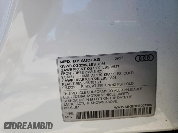 2023 Audi e-tron Chronos with VIN WA1VABGE3PB007985, listed as a Copart auction lot 63577913 with 7,366 mi miles and . Bid and sale history available at DreamBid. Image 15.