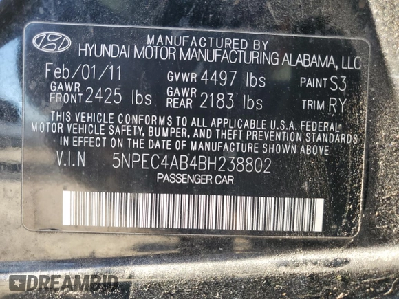 2011 Hyundai Sonata Limited with VIN 5NPEC4AB4BH238802, listed as a Copart auction lot 85743644 with 169,644 mi miles and Salvage Title. Bid and sale history available at DreamBid. Image 12.