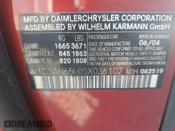 2005 Chrysler Crossfire Limited with VIN 1C3AN65L05X036107, listed as a Copart auction lot 54054095 with 155,782 mi miles and Salvage Title. Bid and sale history available at DreamBid. Image 12.