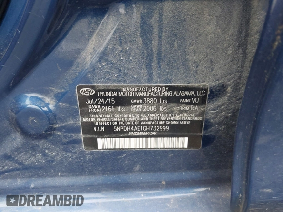 2016 Hyundai Elantra SE with VIN 5NPDH4AE1GH732999, listed as a IAAI auction lot 42493406 with 62,507 mi miles and . Bid and sale history available at DreamBid. Image 9.