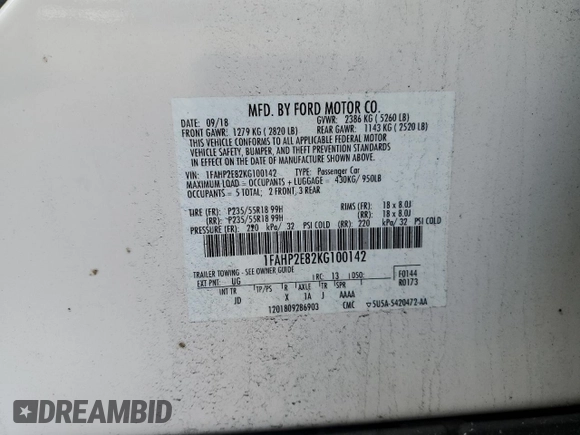 2019 Ford Taurus SEL with VIN 1FAHP2E82KG100142, listed as a Copart auction lot 88655505 with 106,959 mi miles and Salvage Title. Bid and sale history available at DreamBid. Image 14.