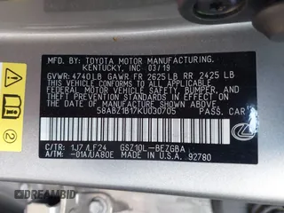 2019 Lexus ES with VIN 58ABZ1B17KU030705, listed as a IAAI auction lot 41754152 with 41,069 mi miles. Bid and sale history available at carsss.com. Image 9.