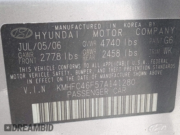 2007 Hyundai Azera SE z VIN KMHFC46F57A141280, wystawiony jako IAAI lot #42214462 z przebiegiem 105 476 mil mil oraz . Historia ofert i sprzedaży dostępna na DreamBid. Obrazek 9.