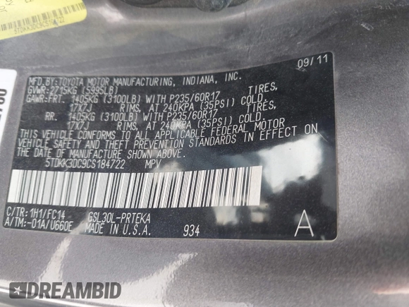 2012 Toyota Sienna LE AAS with VIN 5TDKK3DC9CS184722, listed as a IAAI auction lot 41942991 with 227,783 mi miles. Bid and sale history available at carsss.com. Image 9.