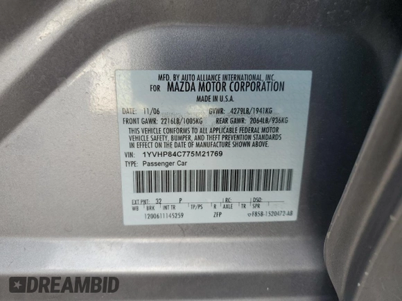 2007 Mazda 6 i Sport VE with VIN 1YVHP84C775M21769, listed as a Copart auction lot 74559704 with 191,361 mi miles and Salvage Title. Bid and sale history available at DreamBid. Image 12.