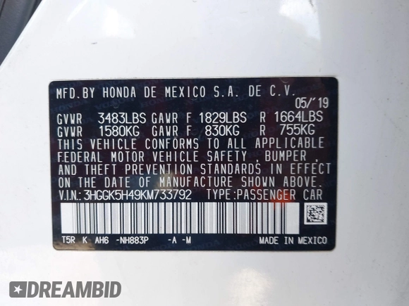 2019 Honda Fit LX with VIN 3HGGK5H49KM733792, listed as a IAAI auction lot 42597164 with 88,161 mi miles and . Bid and sale history available at DreamBid. Image 9.