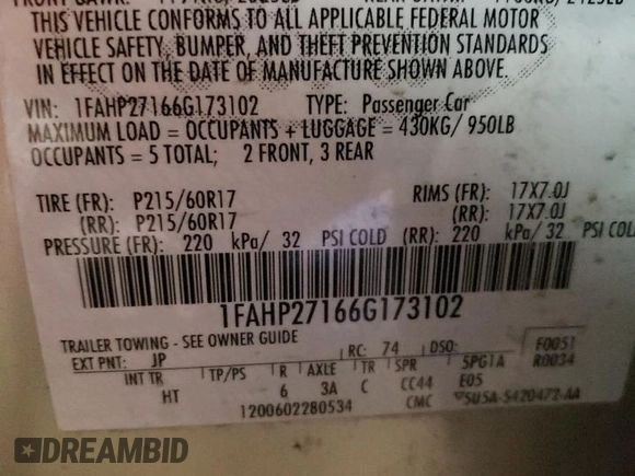 2006 Ford Five Hundred SEL with VIN 1FAHP27166G173102, listed as a Copart auction lot 54887385 with 173,351 mi miles and Clean Title. Bid and sale history available at carsss.com. Image 12.