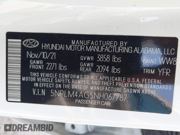 2022 Hyundai Elantra SEL with VIN 5NPLM4AG5NH067787, listed as a IAAI auction lot 41804677 with 93,276 mi miles and . Bid and sale history available at DreamBid. Image 9.