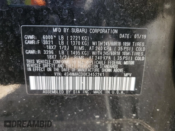 2019 Subaru Ascent Premium with VIN 4S4WMACD0K3452241, listed as a Copart auction lot 56025065 with 82,988 mi miles and Salvage title. Bid and sale history available at DreamBid. Image 12.