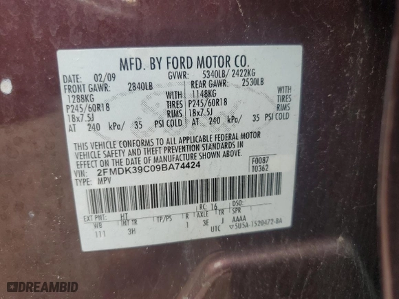 2009 Ford Edge Limited with VIN 2FMDK39C09BA74424, listed as a Copart auction lot 50934955 with 167,603 mi miles and Clean Title. Bid and sale history available at carsss.com. Image 13.