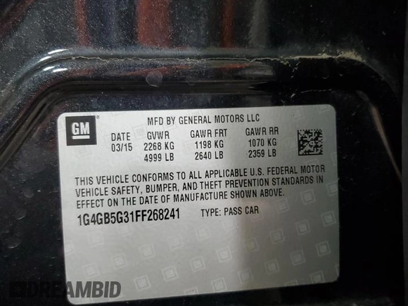 2015 Buick LaCrosse Leather with VIN 1G4GB5G31FF268241, listed as a Copart auction lot 43354155 with 113,499 mi miles and Salvage Title. Bid and sale history available at carsss.com. Image 13.