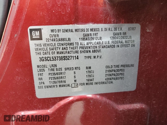 2008 Saturn VUE XR z VIN 3GSCL53738S527114, wystawiony jako Copart lot #51812115 z przebiegiem 146 146 mil mil oraz Szkoda całkowita • Salvage title. Historia ofert i sprzedaży dostępna na DreamBid. Obrazek 13.