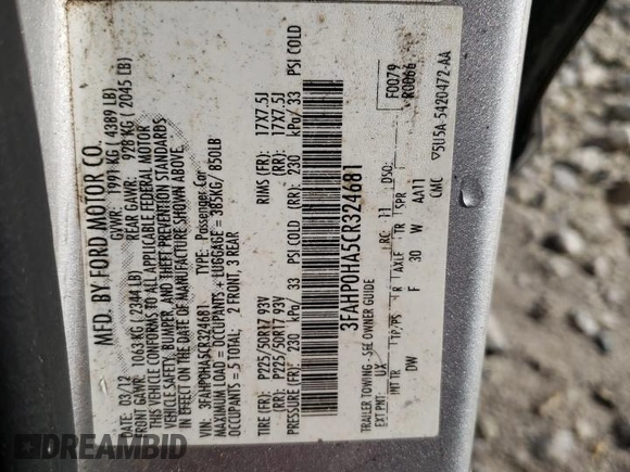 2012 Ford Fusion SE with VIN 3FAHP0HA5CR324681, listed as a Copart auction lot 79529434 with 167,827 mi miles and Salvage title. Bid and sale history available at DreamBid. Image 13.