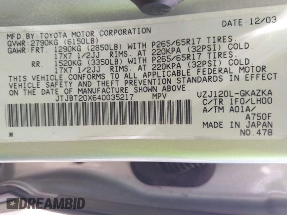 2004 Lexus GX 470 with VIN JTJBT20X640035217, listed as a IAAI auction lot 42156303 with 310,711 mi miles and . Bid and sale history available at DreamBid. Image 9.