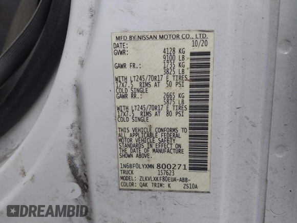 2021 Nissan NV Cargo SV z VIN 1N6BF0LYXMN800271, wystawiony jako IAAI lot #41847197 z przebiegiem 180 913 mil mil oraz . Historia ofert i sprzedaży dostępna na DreamBid. Obrazek 9.