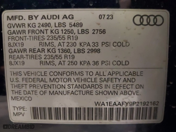 2023 Audi Q5 S line Premium Plus with VIN WA1EAAFY9P2192162, listed as a IAAI auction lot 41716778 with 15,774 mi miles. Bid and sale history available at carsss.com. Image 9.