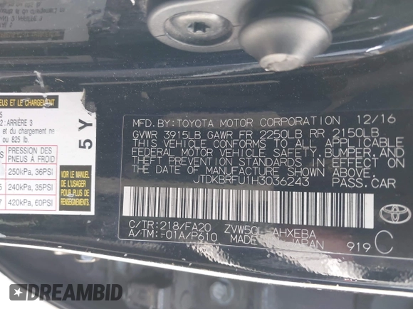 2017 Toyota Prius Two with VIN JTDKBRFU1H3036243, listed as a IAAI auction lot 41991623 with 88,626 mi miles. Bid and sale history available at carsss.com. Image 9.