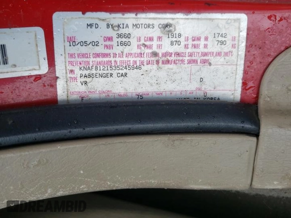 2003 Kia Spectra with VIN KNAFB121535245946, listed as a Copart auction lot 45688365 with 196,338 mi miles and Salvage Title. Bid and sale history available at DreamBid. Image 12.