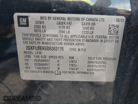 2013 GMC Terrain SLE with VIN 2GKFLREK6D6363176, listed as a IAAI auction lot 41965204 with 204,875 mi miles. Bid and sale history available at carsss.com. Image 9.