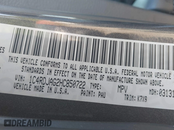 2017 Dodge Durango SXT with VIN 1C4RDJAG2HC850722, listed as a IAAI auction lot 40160978 with Not Provided miles and . Bid and sale history available at DreamBid. Image 9.