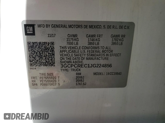 2018 Chevrolet Silverado 1500 LT with VIN 3GCPCREC1JG224856, listed as a Copart auction lot 45209405 with 123,833 mi miles and Salvage Title. Bid and sale history available at DreamBid. Image 12.