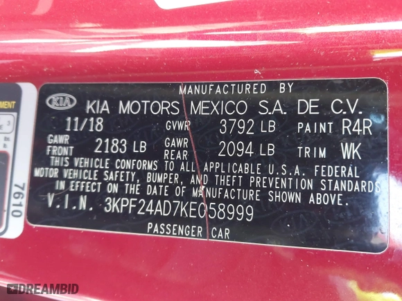 2019 Kia Forte LXS with VIN 3KPF24AD7KE058999, listed as a IAAI auction lot 41599213 with 113,551 mi miles. Bid and sale history available at carsss.com. Image 9.