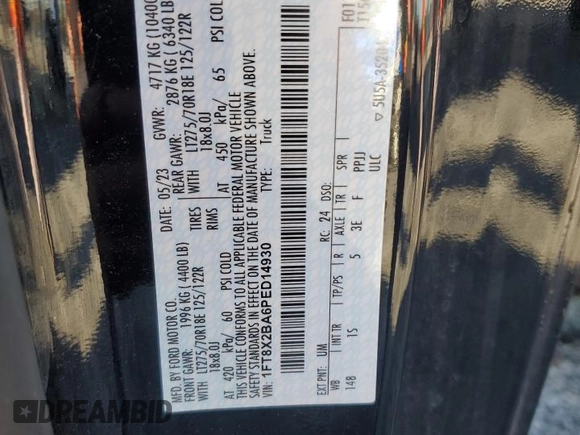 2023 Ford F-250 XL с VIN 1FT8X2BA6PED14930, выставлен на аукционе Copart как лот 48710545 с пробегом 54 330 миль миль и Списание • Salvage title. История ставок и продаж доступна на DreamBid. Изображение 14.