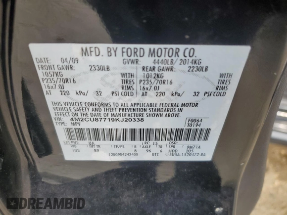 2009 Mercury Mariner Premier z VIN 4M2CU87719KJ20338, wystawiony jako Copart lot #42972595 z przebiegiem 148 871 mil mil oraz Szkoda całkowita • Salvage title. Historia ofert i sprzedaży dostępna na DreamBid. Obrazek 13.