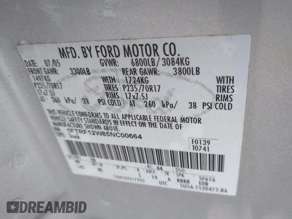 2005 Ford F-150 XL with VIN 1FTRF12W85NC00664, listed as a IAAI auction lot 42046282 with 167,105 mi miles. Bid and sale history available at carsss.com. Image 9.
