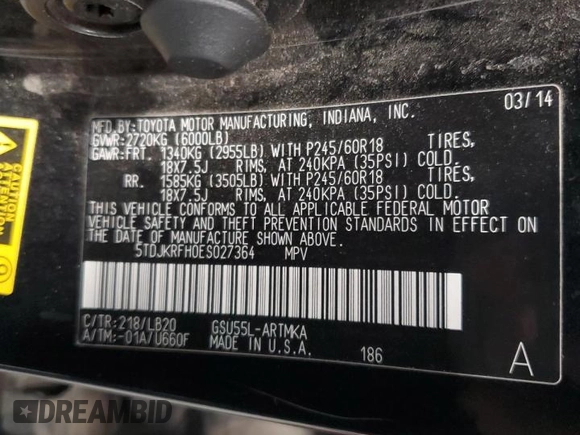2014 Toyota Highlander XLE z VIN 5TDJKRFH0ES027364, wystawiony jako Copart lot #54519265 z przebiegiem 204 335 mil mil oraz Szkoda całkowita • Salvage title. Historia ofert i sprzedaży dostępna na DreamBid. Obrazek 13.