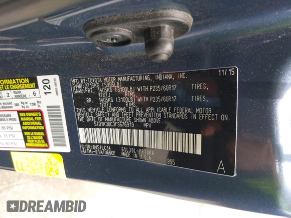 2015 Toyota Sienna XLE with VIN 5TDYK3DC3FS676919, listed as a IAAI auction lot 42475307 with 99,574 mi miles and . Bid and sale history available at DreamBid. Image 9.