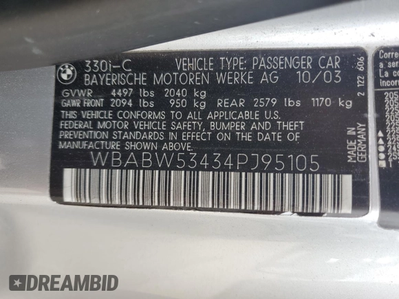 2004 BMW 3 Series 330Ci with VIN WBABW53434PJ95105, listed as a Copart auction lot 60724975 with 75,735 mi miles and Salvage title. Bid and sale history available at DreamBid. Image 12.